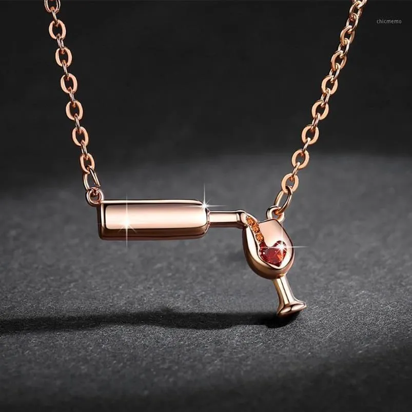 Rose Gold Farbe Kreative Wein Glas Anhänger Halskette für Frauen Zirkon Rotes Herz Wein Tasse Charme Halskette Choker Short1229U