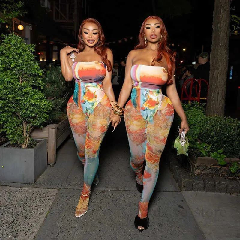 Women's Two Piece Pants Aesthetic Print Sexy Two Piece Set Women nning Wrap Chest Cleavage Bodysuits Top + Sheer Mesh Leggings Pants Fashion Suits T231204