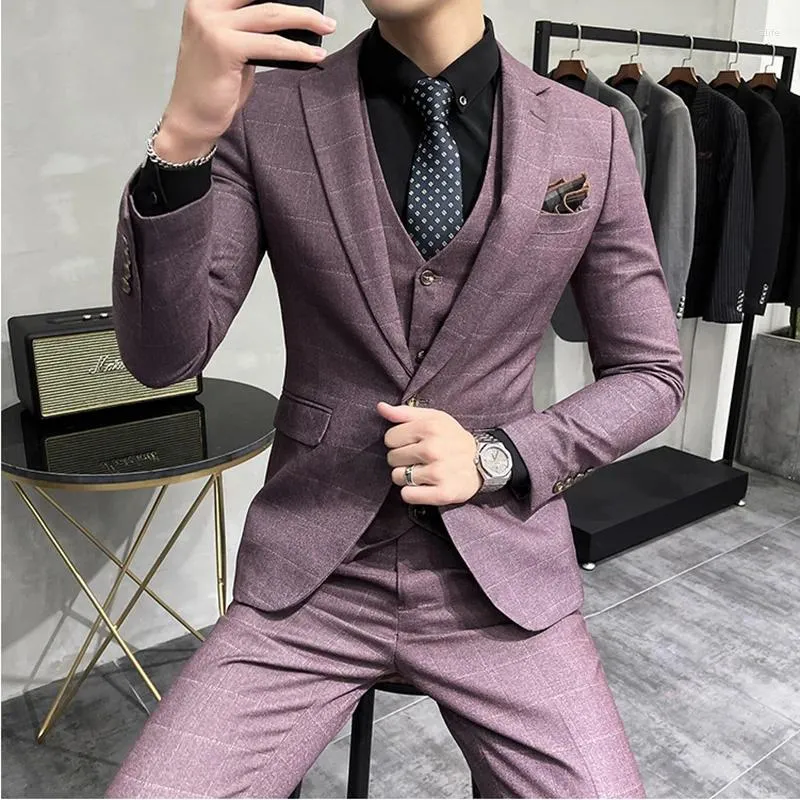 Men's Suits (Jacket Tank Top Pants) 2023 Autumn/Winter Plaid Advanced Set For Groom Wedding Party Slim Fit 3-piece