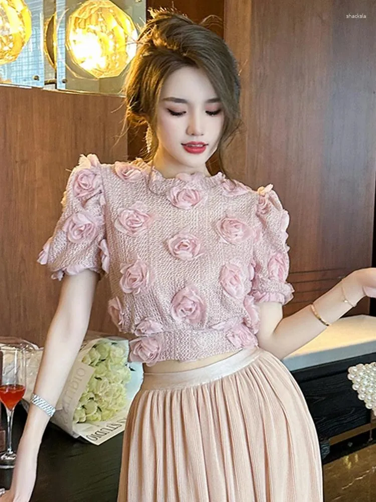 Kvinnors T-skjortor Summer Fairy Floral Kort tröja Kvinnor Sticked Pink O-Neck Puff Sleeve Croped Tops Bottoming Stretchy Clothes Pullover