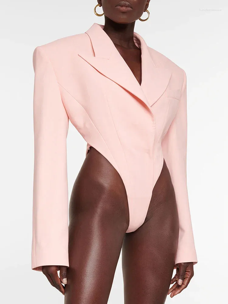 Women's Suits Designer Backless Hollow Out Pink Blazer Bodysuit Spring Women Vintage Shoulder Padding High Waist Slim Coat