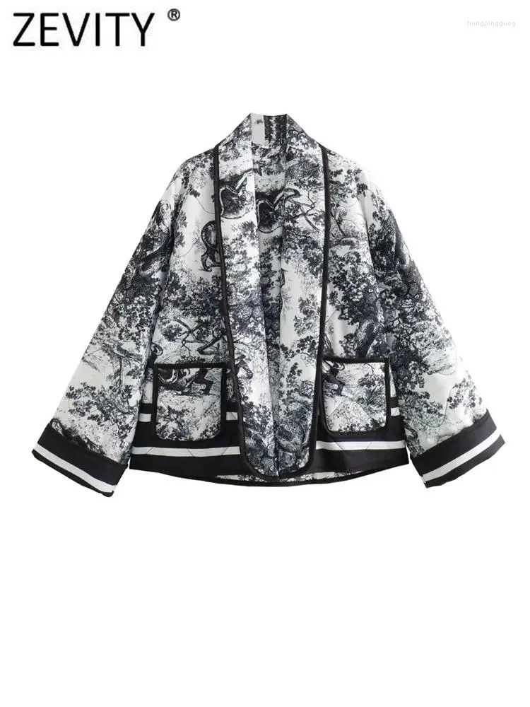 Kvinnors dike rockar zevity kvinnor vintage bläck målning tryck öppen sömnad quiltad bomull vadderad jacka kvinnlig chic retro kimono kappa toppar