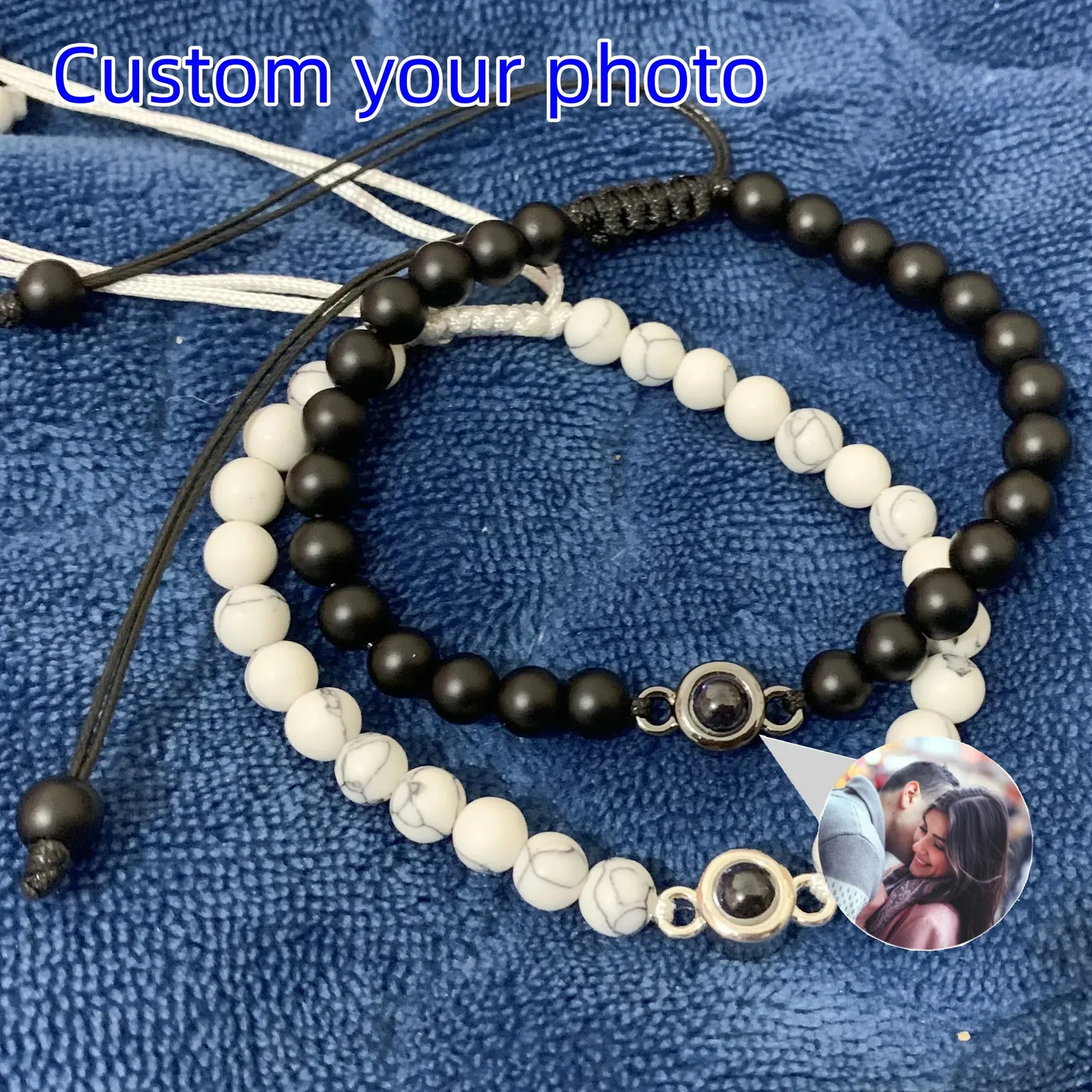 Pulseras con dijes Círculo personalizado Po Pulsera 6 mm Howlita blanca y pulsera mate negra Proyección personalizada Personalidad Regalo conmemorativo 231204