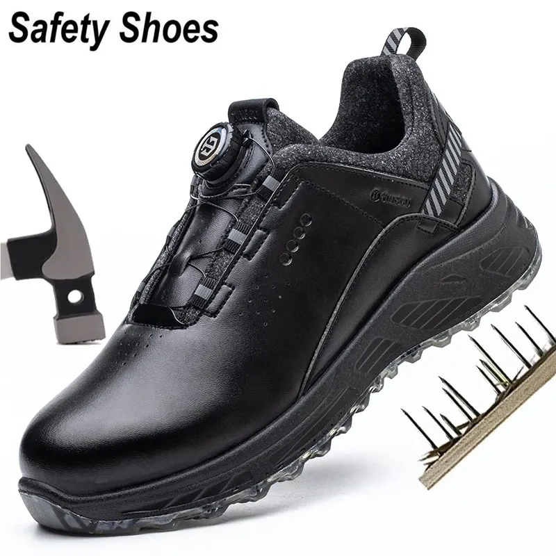 Stövlar Amawei Rotary Buckle Work Protective Shoes Leather Safety Puncture Proof Antismash Steel Toe Men Women 231204