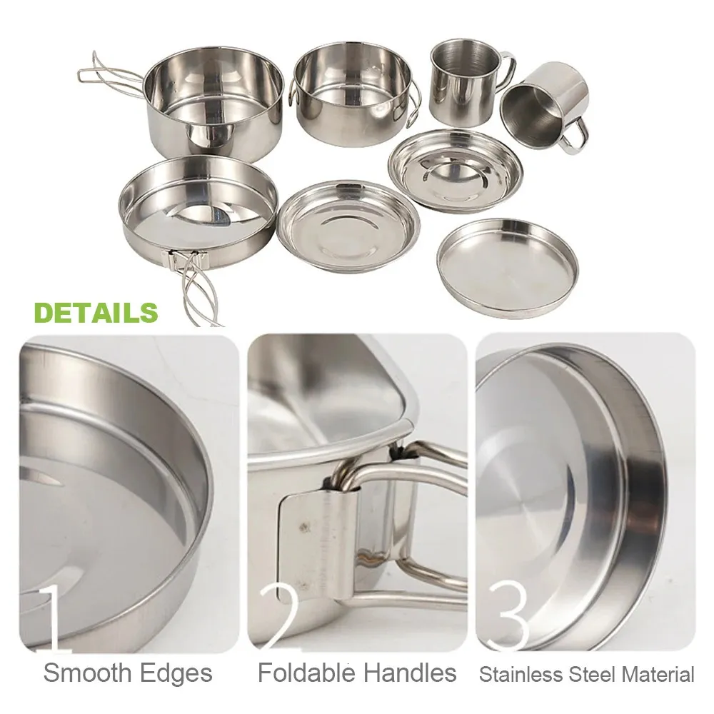Camping Cookware Mess Kit 8PCS Stainless Steel Cooking Pot And Pan Set With Plates Cups For Outdoor Camping Hiking Backpacking