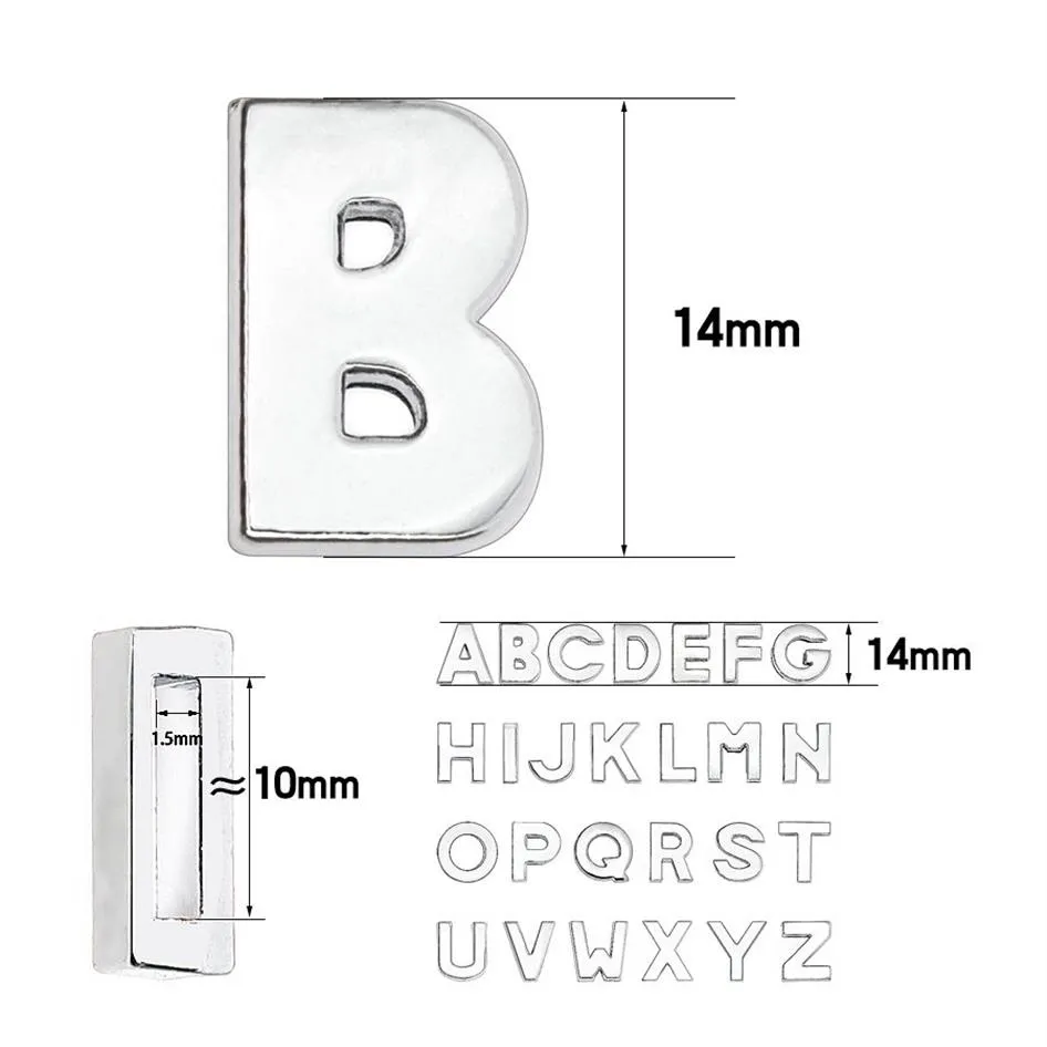 1300 pc / lote 10mm letra de slide simples A-Z cor prata cromo diy encantos alfabeto inglês apto para 10mm pulseira de couro chaveiros272S