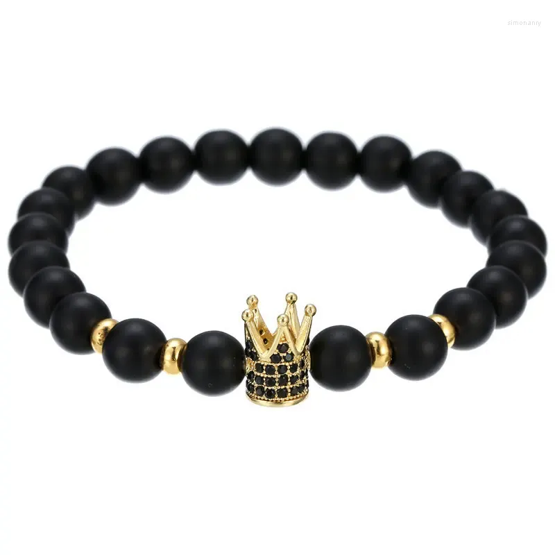 Strand 5pcs/ Lot Matte Onyx Round Beads Charm Crown Paved Crystal Cz & Copper Slice Bead Bracelet Handmade For Woman Man Jewelry