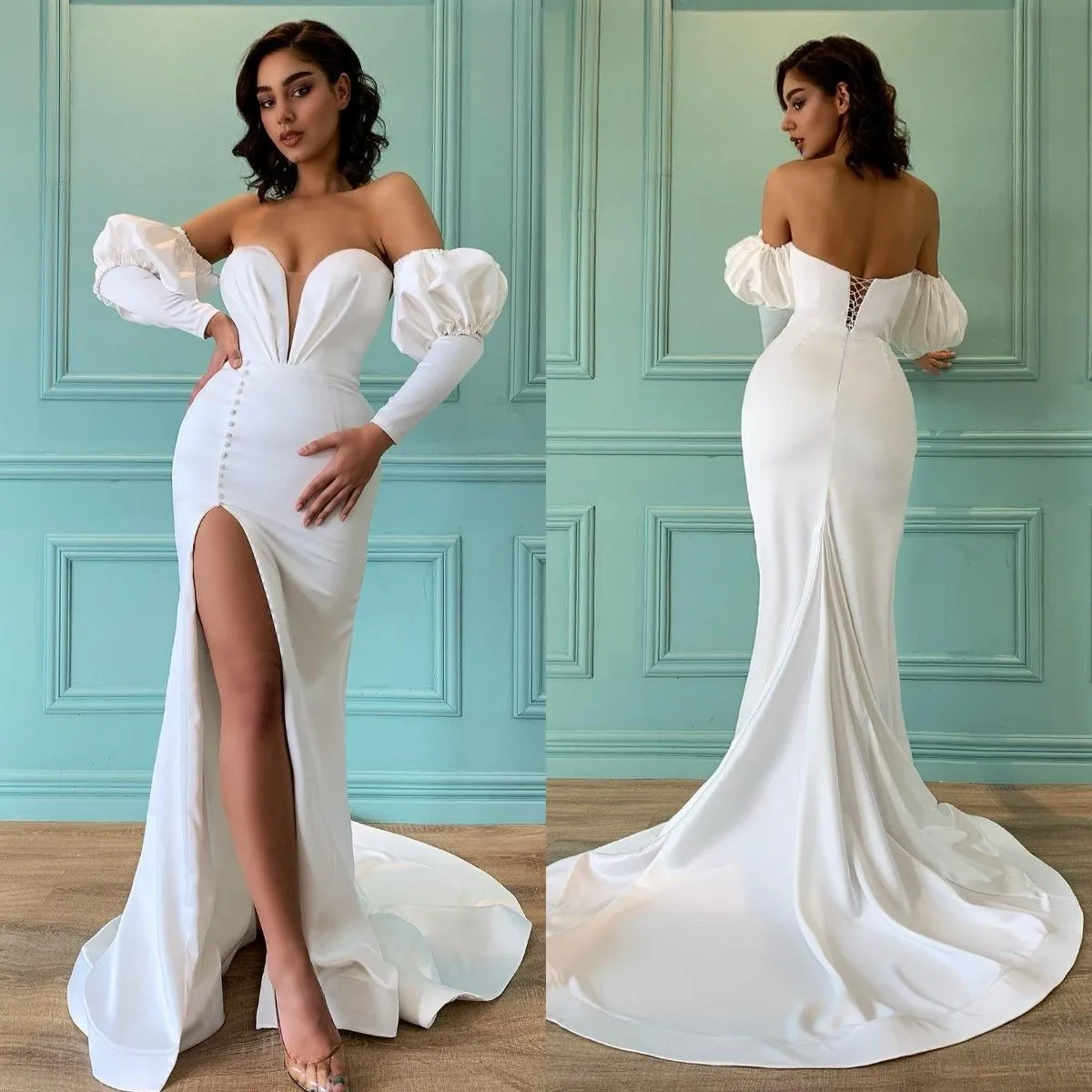 Branco sereia vestidos de casamento ilusão querida botão dividir vestido de casamento mangas inchadas robe de mariee vestidos de noiva