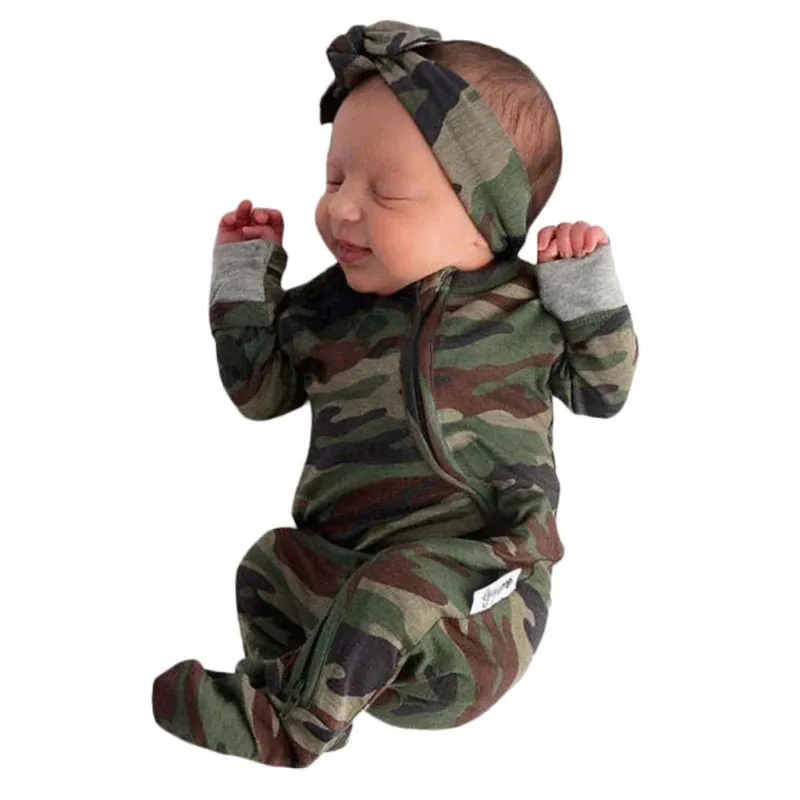 Rompers 2Pcs Infant Toddlers Baby Boys Long Sleeve Camouflage Romper Bow Tie Headband Clothing Outfits 0 9M 231204