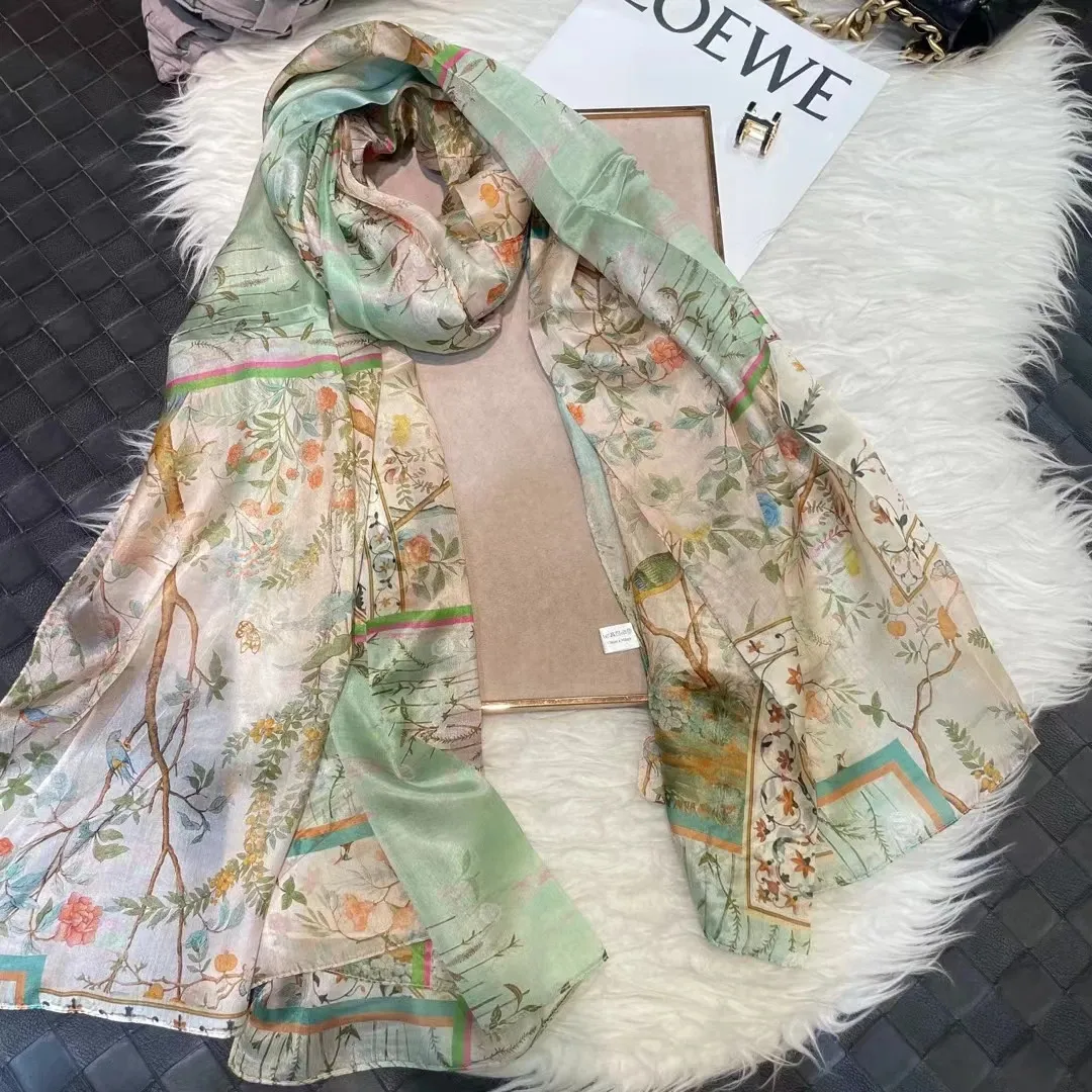 Châles BYSIFA|Foulard en soie vert clair Dames Mode Printemps Été Floral Plage Foulards Châles Automne Hiver Longues Foulards Wraps 180 * 110 cm 231204