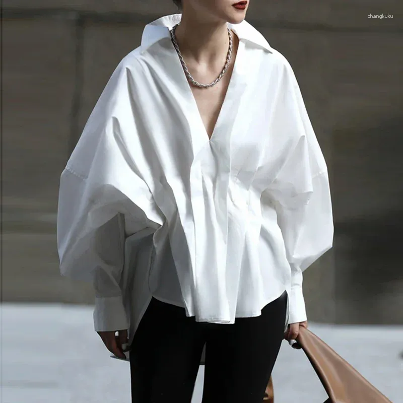 Magliette da donna Lemongor Moda coreana Maniche lunghe Camicette bianche a pieghe larghe 2023 Primavera Estate Scollo a V Colletto con risvolto Top per le donne