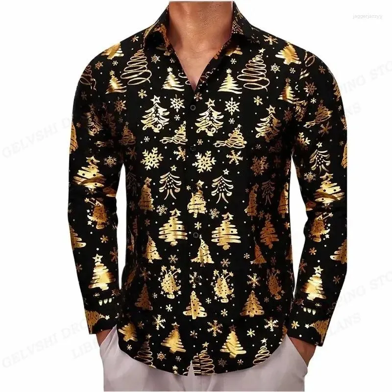 Camicie casual da uomo Camicie da uomo hawaiane dorate Moda natalizia Camicette a maniche lunghe Camicetta da spiaggia Camicie monopetto Colletto rovesciato