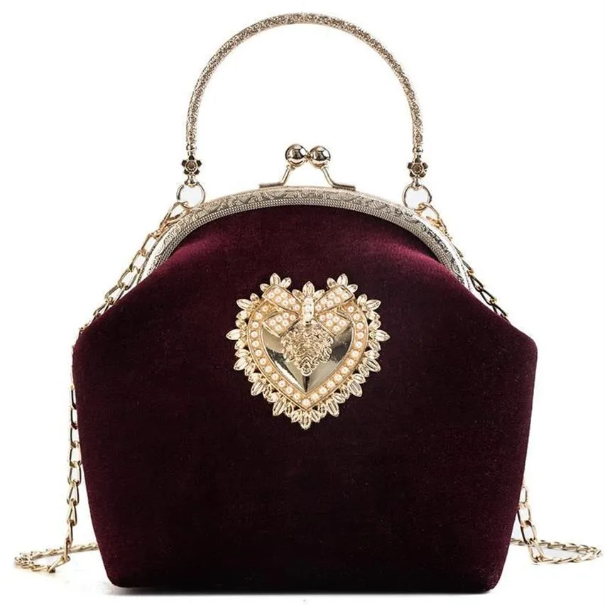 حقائب المساء 2022 FEMME RETRO VELVET PEARL Handbag Vintage VELOR VELOR HEART DESIC BAG WEDDEN