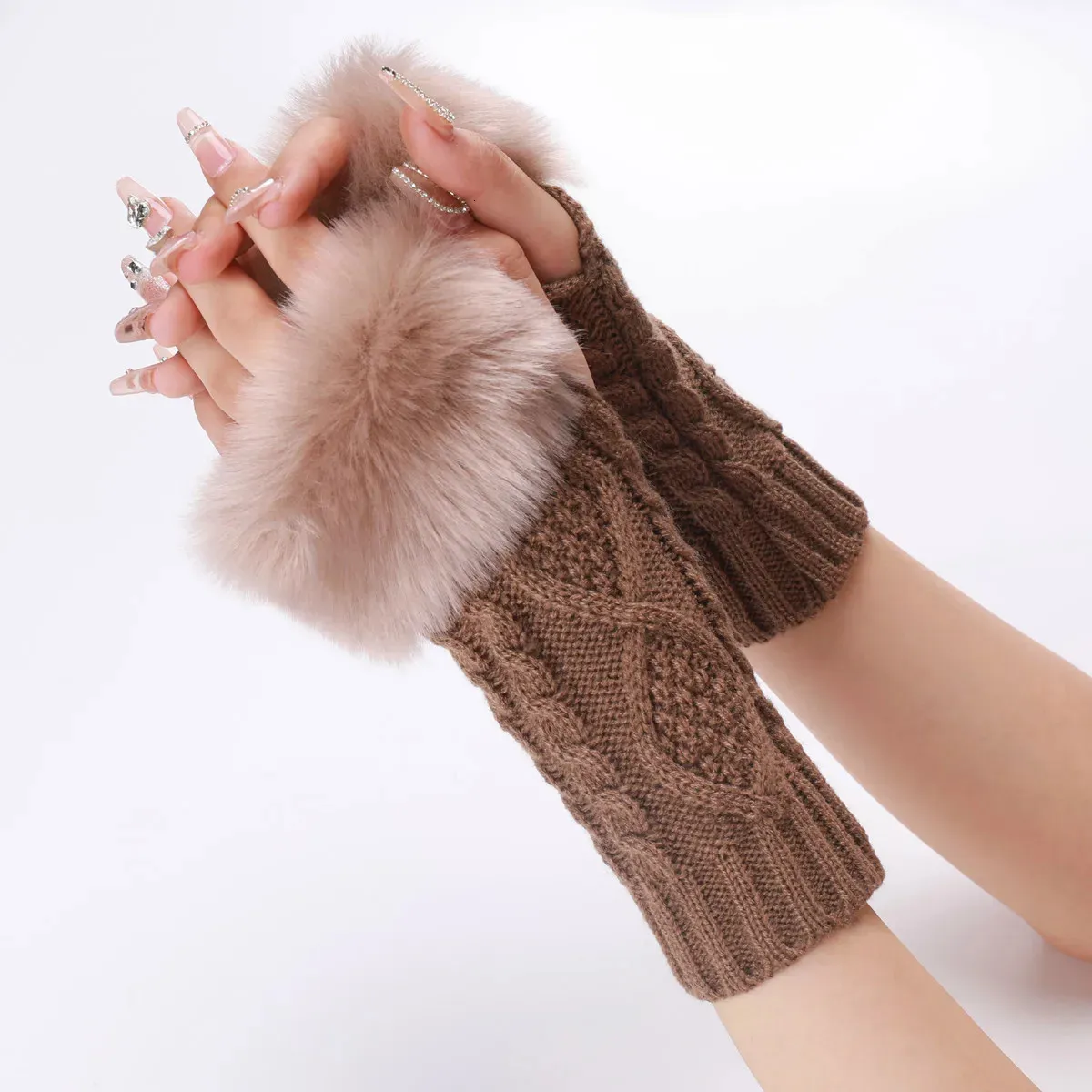 Gants sans doigts automne hiver femmes peluche fausse fourrure tricot laine garder au chaud mitaine courte fille demi doigt écran tactile 231204