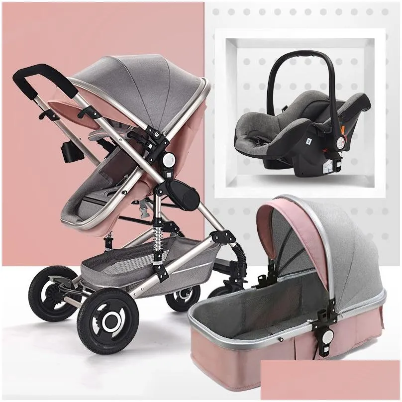 Baby Stroller 3 In 1 With Car Seat High Landscape Pram Folding Carriage Strollers Mom Trolley