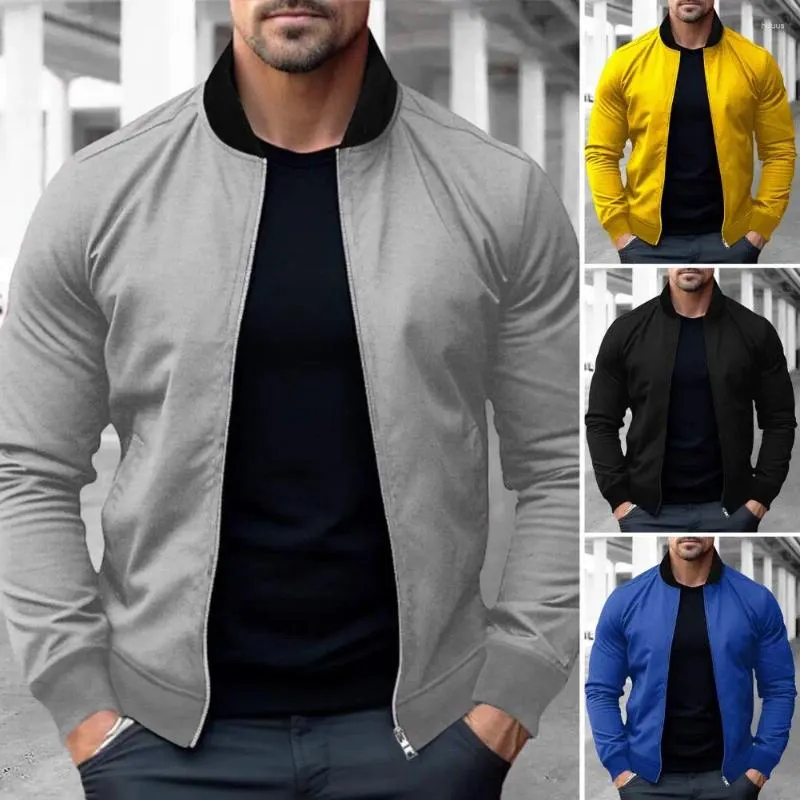 Men's Jackets Fall Spring Men Coat Stand Collar Loose Zipper Closure Cardigan Long Sleeve Elastic Cuff Casual Jacket