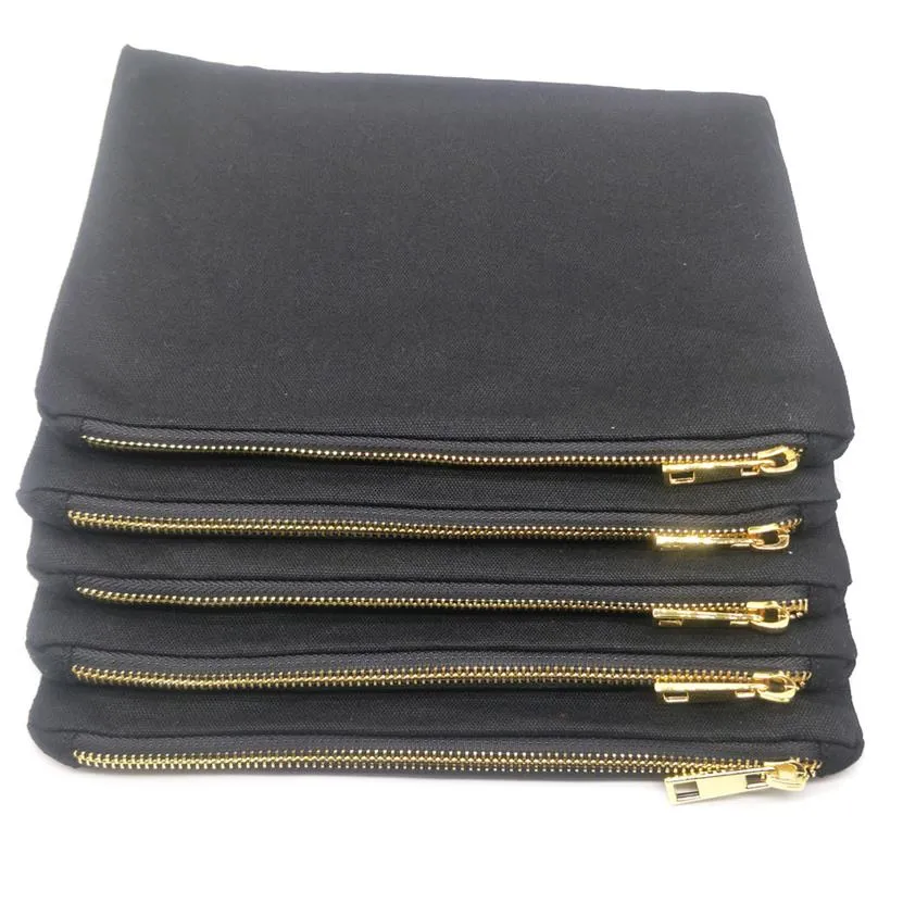 7x10in Black Cotton Canvas Makeup Bag For DIY Tryck Black Canvas Cosmetic Bag med svart foderguld Zip direkt från Factory 349V