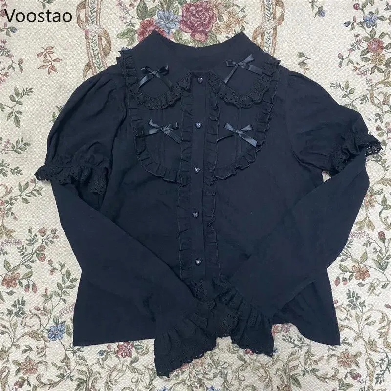 Damenblusen Vintage viktorianischen Kawaii Lolita Frauen japanische süße Schleife Spitze Rüschen abnehmbare Langarmshirts Mädchen Gothic Y2k Tops