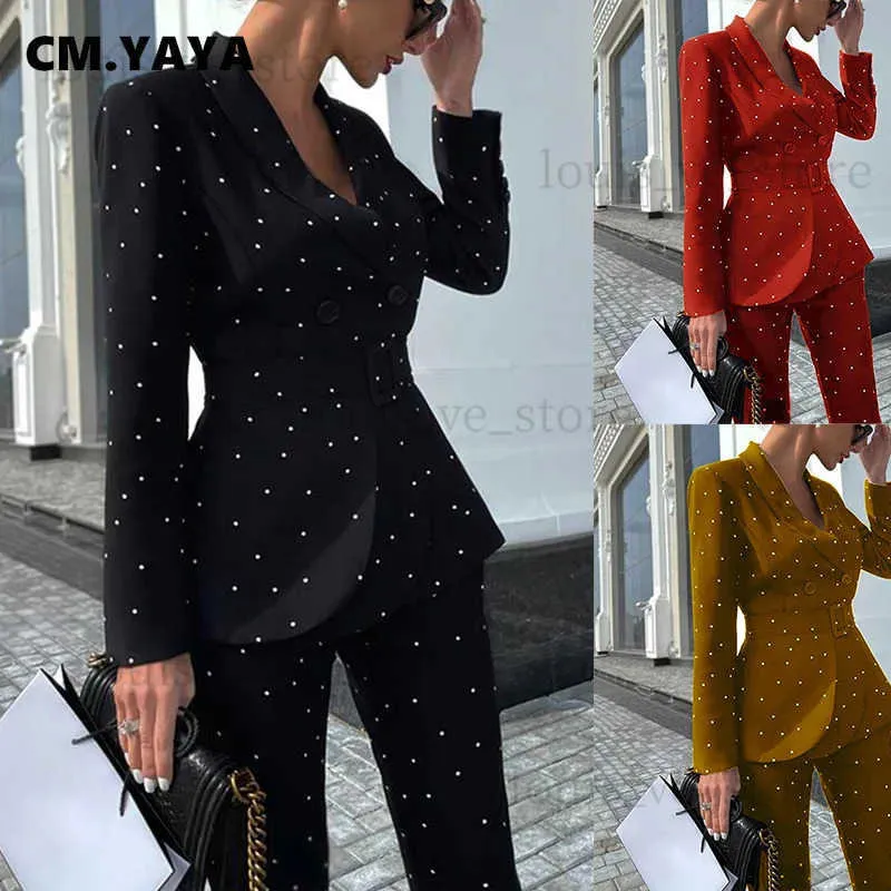 Tweedelige broek voor dames cm.yaya Autumn Winter Dot Damesset met lange mouwen Blazer Tops + Pants Suit Office Lady Tracksuit Tweede stuks Set Fitness Outfits T231204