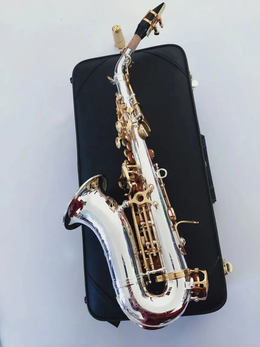 Kaluolin SHO SC-9937 Liten krökt nack Sopran Saxofon B platt högkvalitativ mässing Nickel Silver Plated Sax med munstycket CAS AAA