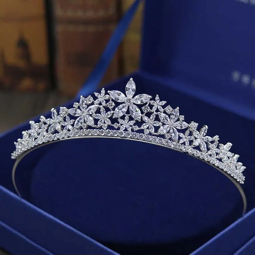 SLBRIDAL Kristallen Strass Parels Koper Kubieke Zirkoon Bruiloft Tiara CZ Bruids Koningin Prinses Pageant Party Kroon Bruidsmeisjes X0272W