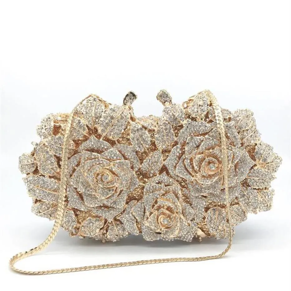 Evening Bags Dazzling Women Gold Rose Flower Hollow Out Crystal Metal Clutches Small Handbag Purse Wedding Clutch Bag Diamond272I