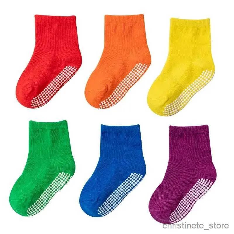 Calcetines para niños 6 par/lote primavera otoño niños calcetines antideslizantes color sólido suave algodón transpirable bebé calcetines de barco niños niñas calcetines de trampolín R231204