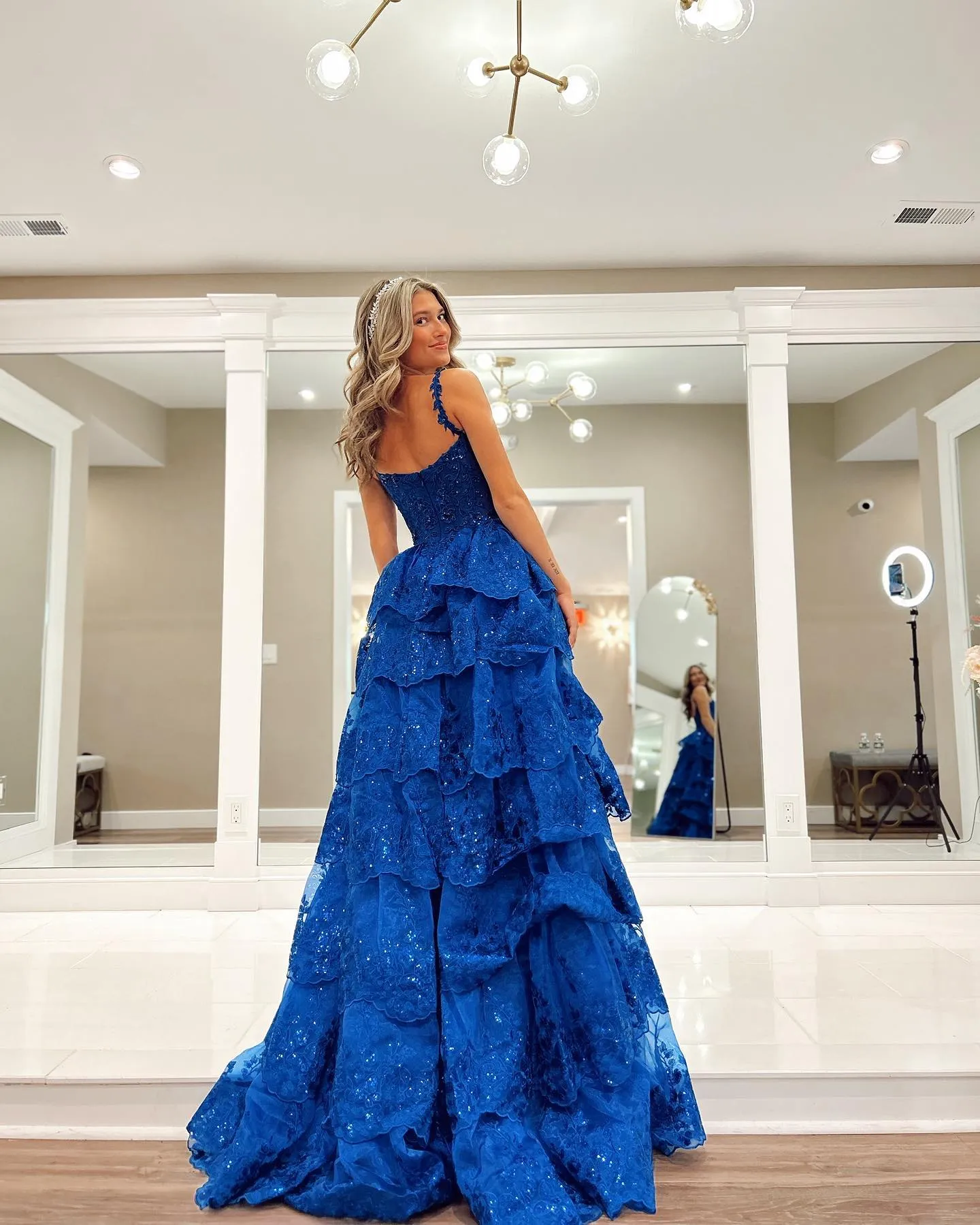 Royal Blue Prom Dresses A Line Straps Sequins Lace Evening Dress Tiered Skirt Split Formal Long Special Ocn Party Dress 0616 From 193 66 DHgate