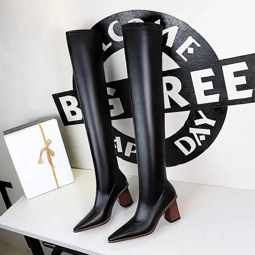 Boots BIGTREE Shoes Sexy Over-the-knee Boots Women Shoes Pointed Toe Leather Boots Wood Grain Thick Heel Long Boots High-Heeled Boots 231204