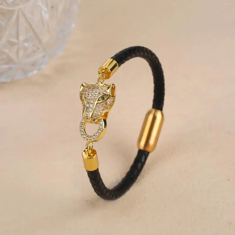 Braccialetti con ciondoli Prepotente testa di leopardo Bracciale con zirconi geometrici Chiusura magnetica in acciaio inossidabile Alla moda per uomo Donna Regalo di gioielli