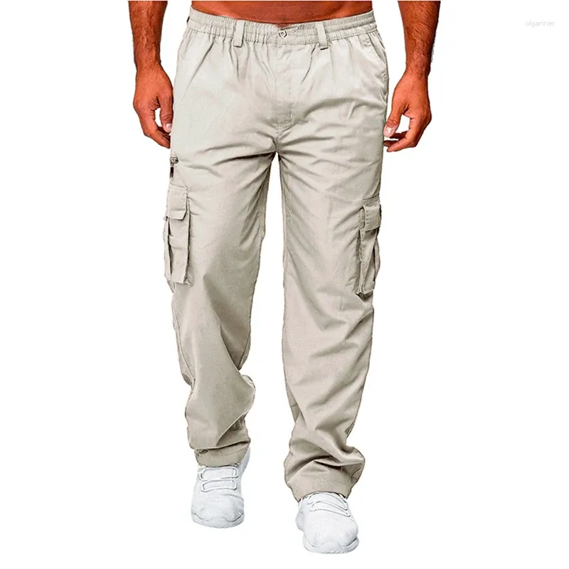 Pantalones de hombre Casual Multi bolsillo suelto recto cargo cintura elástica pantalón