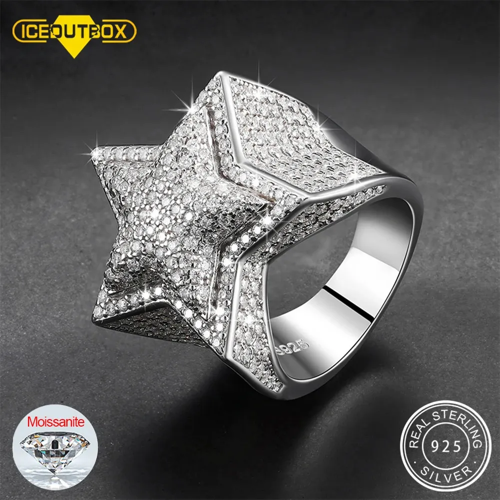 Anneaux de mariage S925 cinq étoiles hommes anneaux de luxe 925 bague en argent Sterling pour femmes D VVS diamant rond Hip Hop bijoux 231204