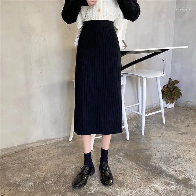 Юбки 2023, осень-зима, женская юбка средней длины в один шаг, брюки трапециевидной формы, вязаная шерсть для девочек, черный цвет для отдыха на работе