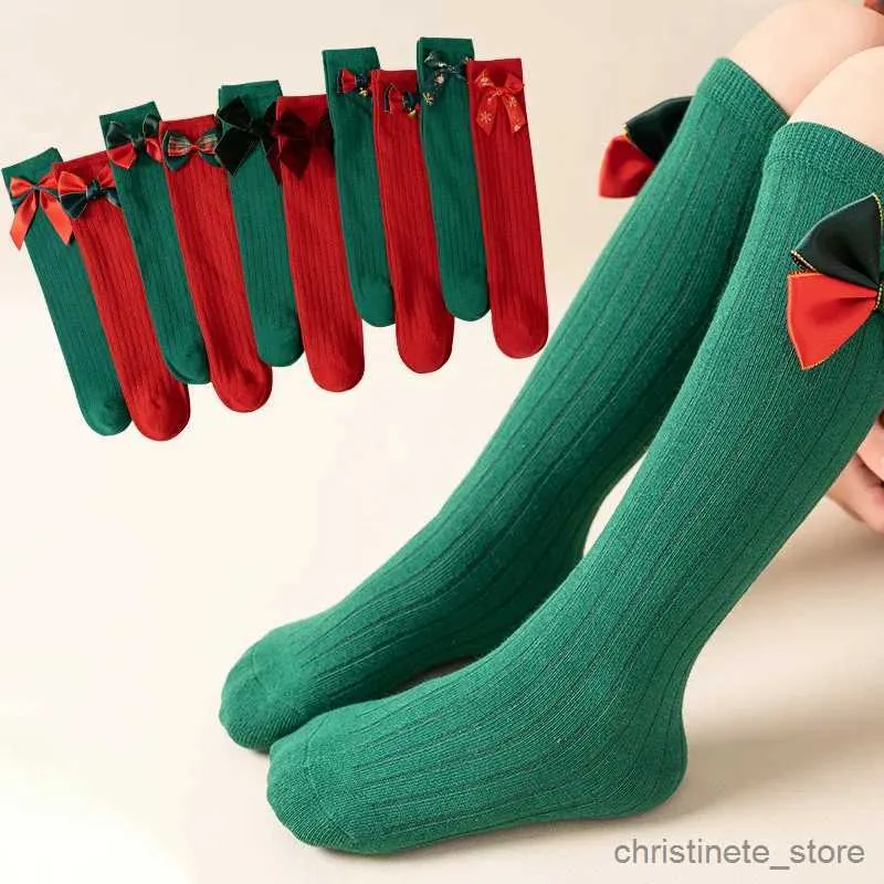 Crianças meias inverno outono crianças joelho alto meias de natal algodão grande arco macio crianças princesa meias vermelhas crianças tubo socken para 3-12years r231204