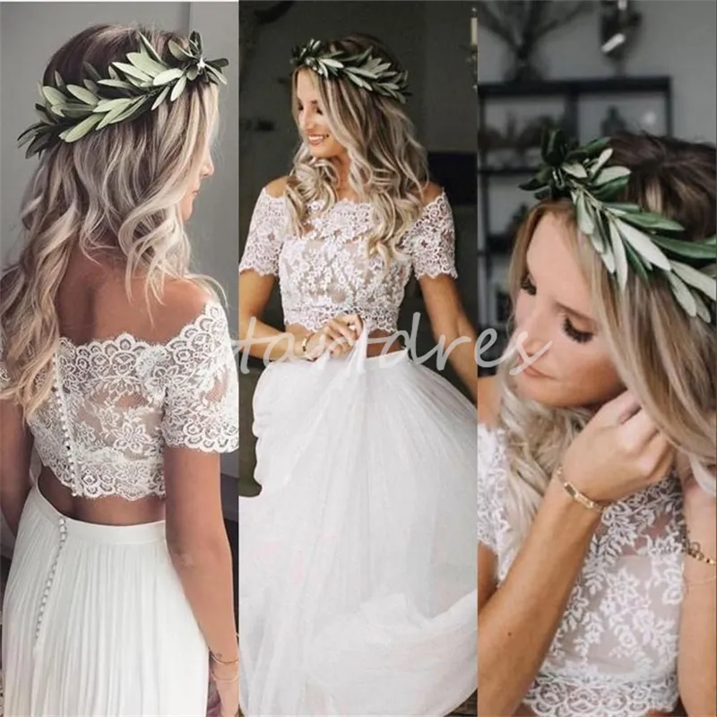 Grazioso abito da sposa Boho in due pezzi a maniche corte con top in chiffon di pizzo e spiaggia, abito da sposa 2024 con bottoni sul retro, stile country, abito da sposa bohémien civile Gatsby Mariage