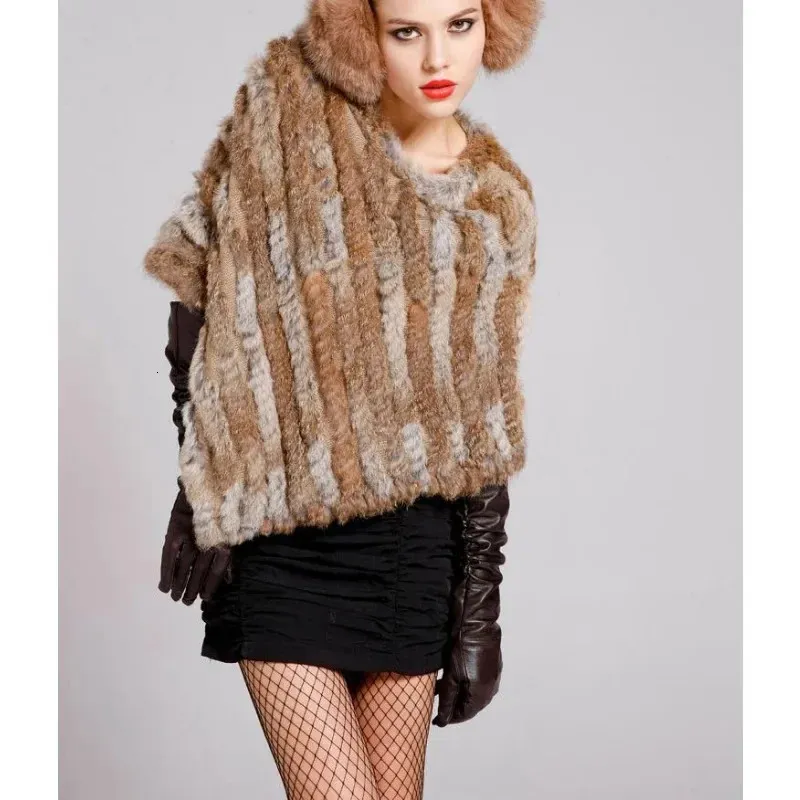 Sjalar Spring Sticked Natural Fur Shawl Fashion Rabbit Fur Cape sjal Äkta kanin päls kvinnor svart päls poncho 231204