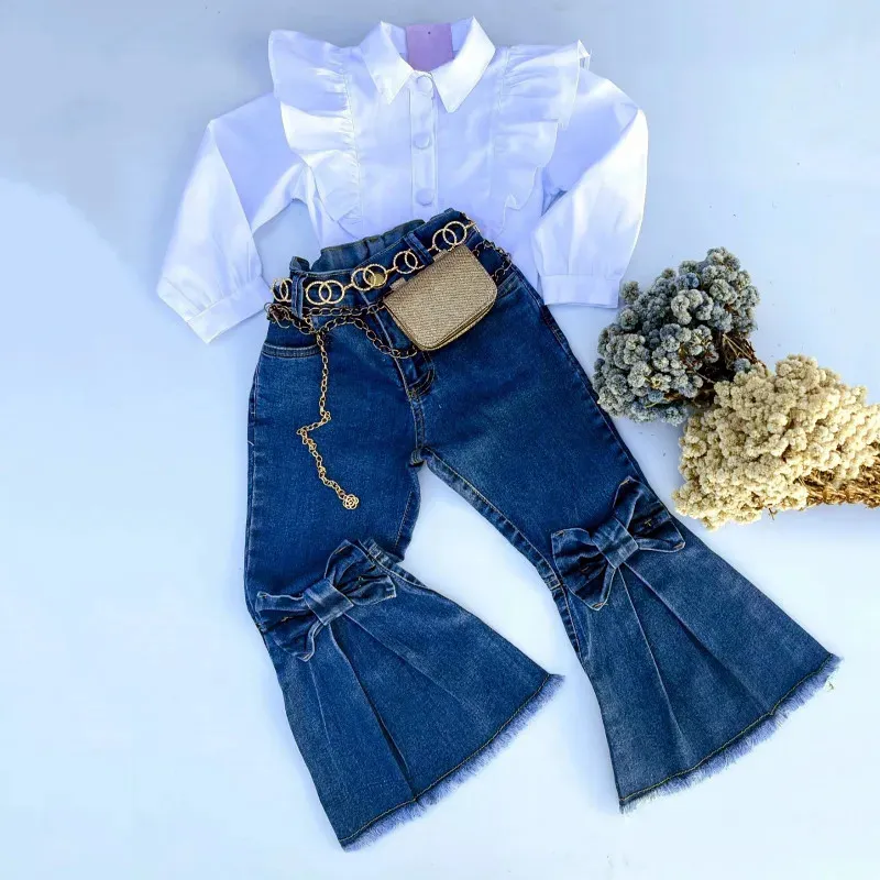 Kleidung Sets 0 4Y Mädchen Herbst Outfits Baby Rüschen Langarm Revers Weiße Hemden Bogen Flare Jeans Kleinkind Denim Hosen set Kinder Kleidung 231204