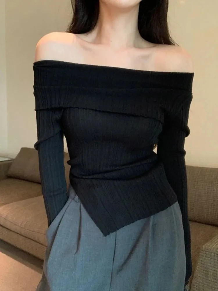 Womens Sweaters Deeptown Korean Fashion Black Knitted Sweater Women Harajuku Sexy Slim Off Shoulder Jumper Elegant Casual Crop Tops Streetwear 231202