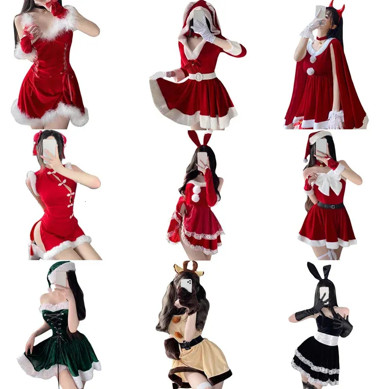 Kentsel Seksi Elbiseler Noel Cosplay Kostüm Elbiseleri Kadınlar Santa Velvet Tavşan Kız Lingerie Noel Cadılar Bayramı Partisi Cosplay elbise Set 231204