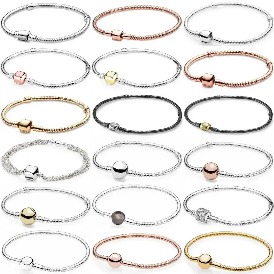 Bracciale rigido in argento sterling 100% 925 Moments Pave Signature Barrel Ball Clasp Bracciale a catena a forma di serpente Fit Fashion Charm gioielli fai da te alla moda 231204