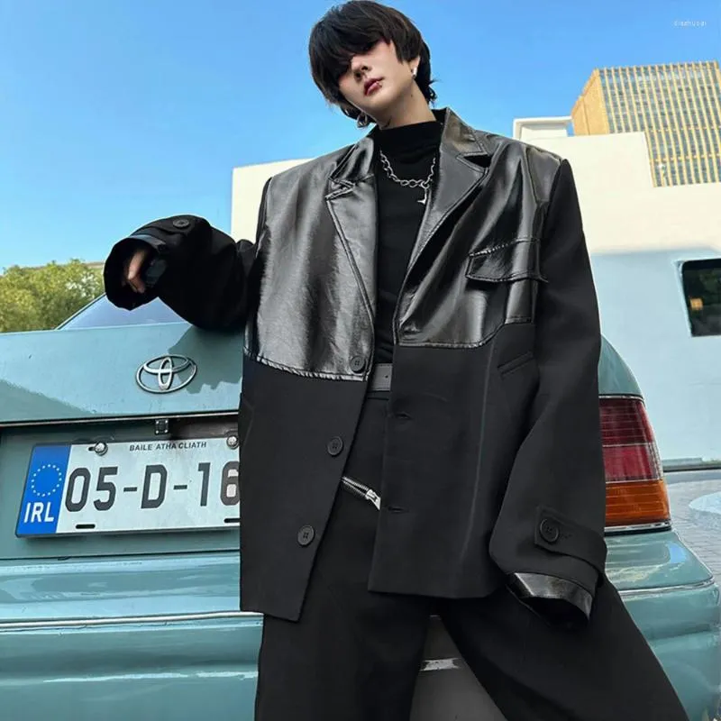 Erkekler Suits deri eklemeli elbise ceket erkekler Kore Sokak Giyim Moda Hip Hop Gevşek Rahat Palto Blazers Ceketler Sahne Giysileri Kostümleri