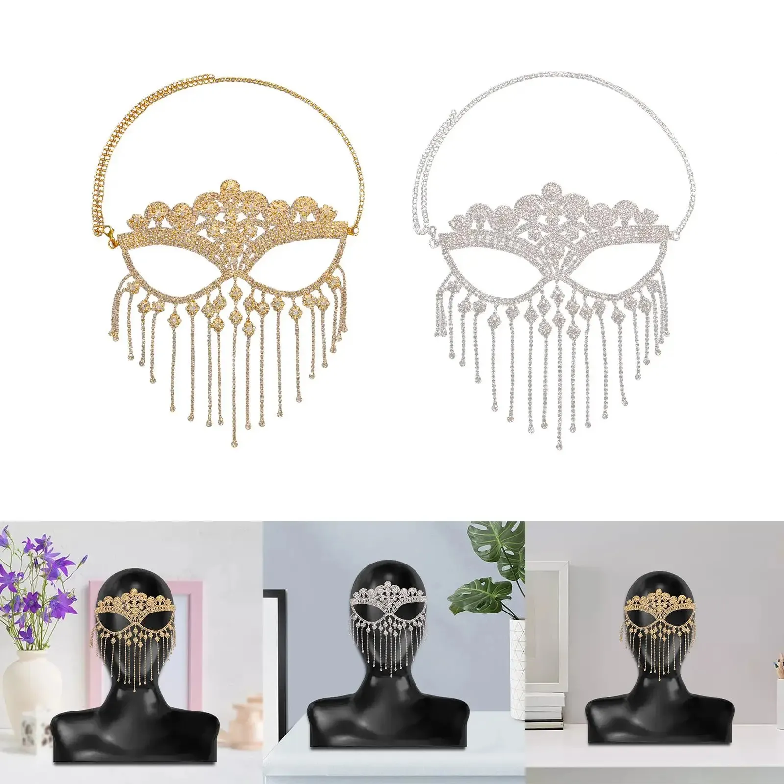Masquerade Face Chain Tassels Headpiece Jewelry Rhinestone Adjustable