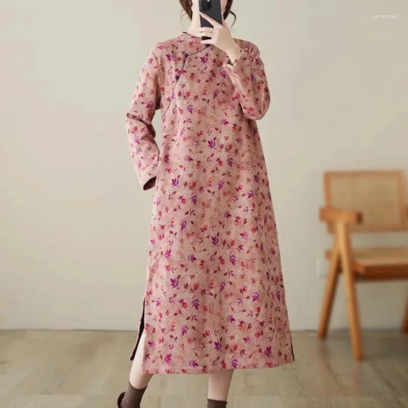 Casual Dresses Cheongsam 2023 Autumn/Winter Women's Wear Large Size Lose Vintage Printed Cotton Thicked Improved Qipao Dress Z3951