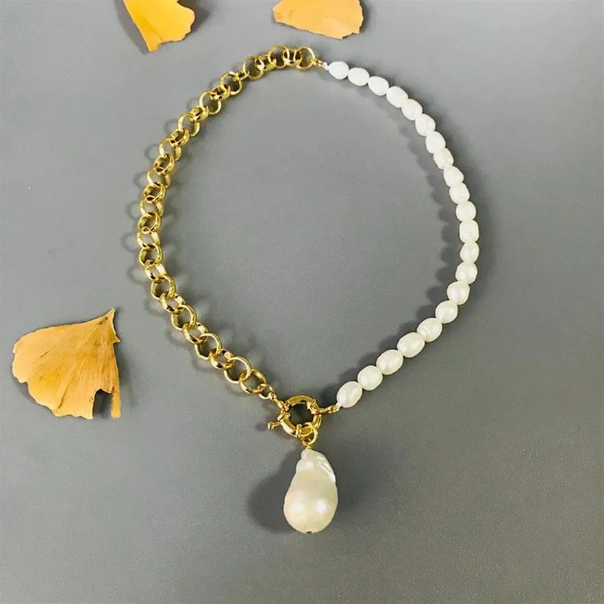 Collier avec pendentif en perles baroques naturelles pour femmes, perle d'eau douce, punk, chaîne de couleur or, design asymétrique, bijoux longs à la mode 0927205n