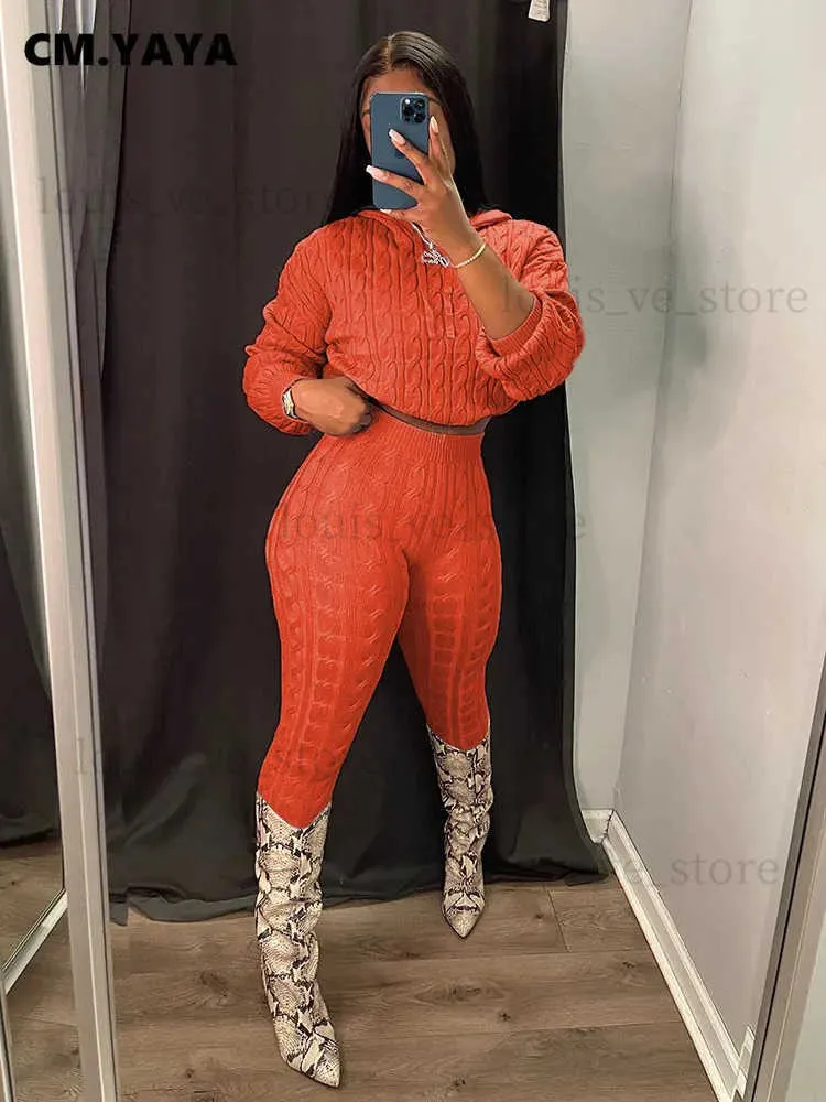 Kvinnors tvådelade byxor CM.Yaya Streetwear Knit Ribbed Two 2 Piece Set Outfits For Women Hooded Sweater and Pants Passar Autumn Winter 2022 Ins Tracksuit T231204