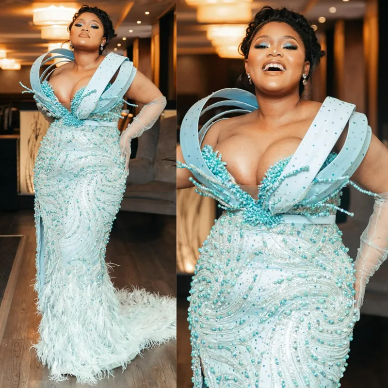 Lussuoso piuma Aso Ebi Promdress Illusioniion Azzurro Sirena Abito da ballo Abiti da sera Secondo ricevimento Compleanno Fidanzamento Abiti da damigella d'onore AM083