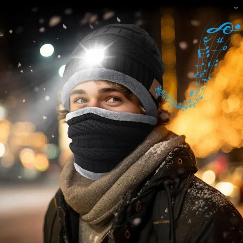 Écharpes Bonnet lumineux d'hiver avec des lumières chaudes LED casque chapeau cou plus chaud ensemble tricoté imperméable pour le camping