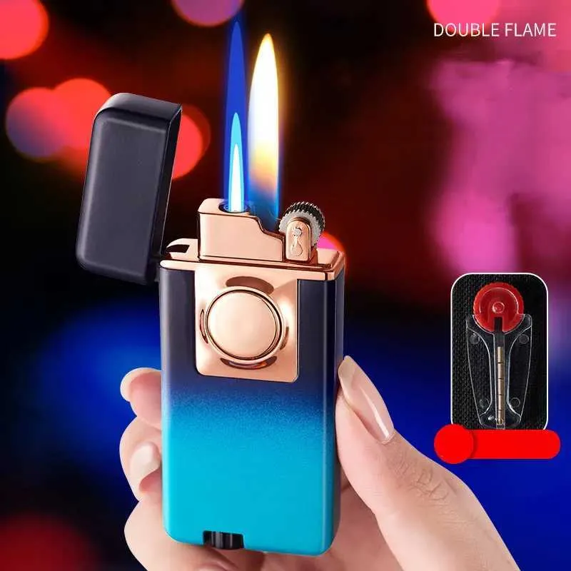 Metal Outdoor Windproof Double Flame Conversion Butane No Gas Lighter Turbine Torch Blue Jet Press Switch Ignition