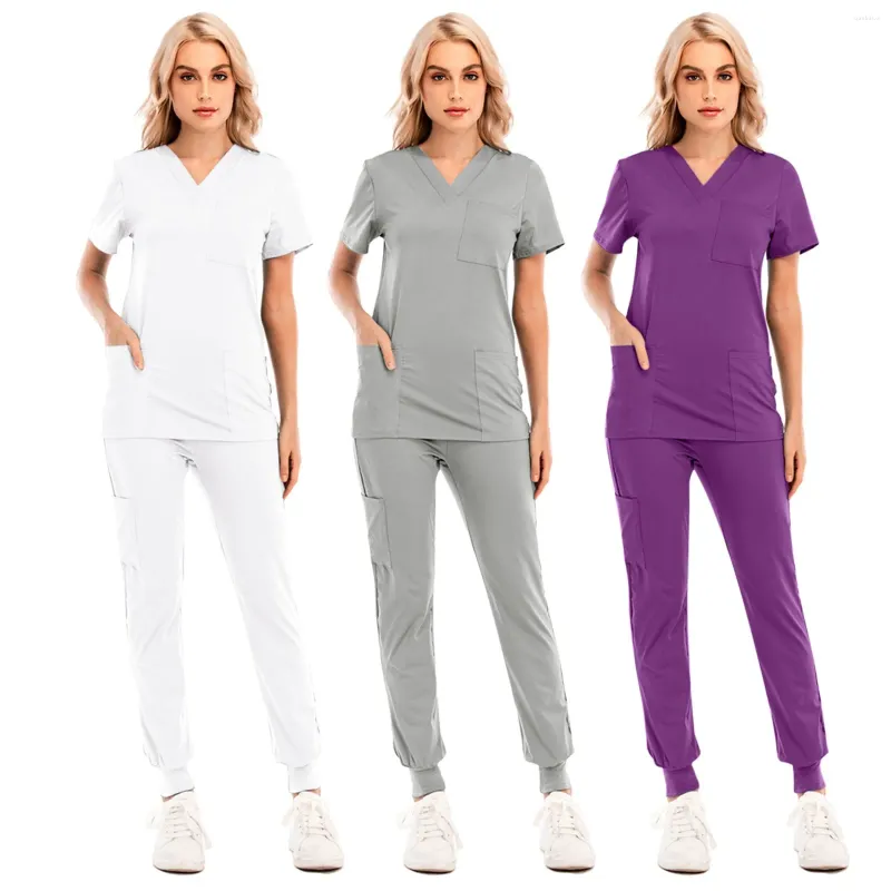 Pantalones de dos piezas para mujer Uniforme de enfermería con cuello en V Manga corta Bolsillo Ropa de trabajo Tops transpirables ligeros sólidos Causal suave de dos piezas