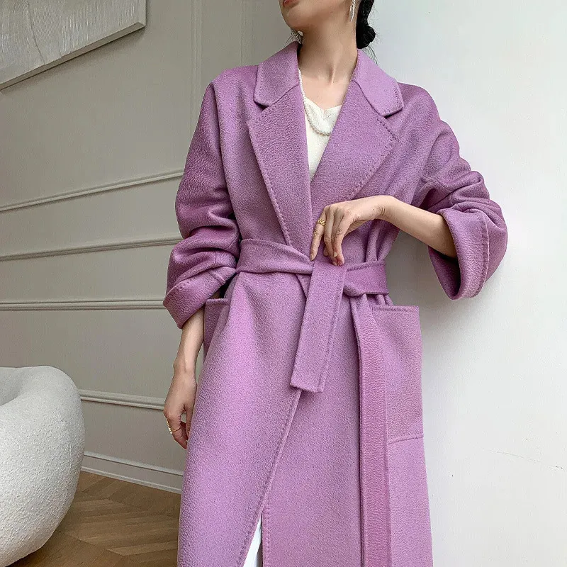 Mulheres jaquetas ondulação de água dupla face 100% lã casaco roupão rendas jaqueta longa para mulheres moda coreana casaco feminino 231204